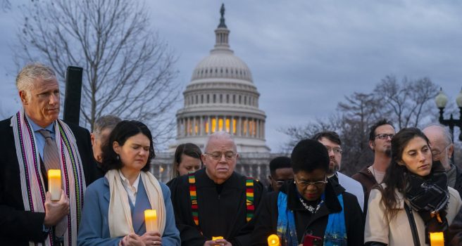 Christian Leaders Hold Sunrise Prayer Vigil On 2nd January 6 Anniversary WASHINGTON, DC - JANUARY 06: Community faith leaders gather for a prayer vigil on the second anniversary of the January 6 attack on the Capitol on January 6, 2023 in Washington, DC. Speakers called for an end to Christian nationalism and denounced political violence. (Photo by Nathan Howard/Getty Images)