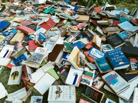 Books are discarded on a residential lawn in Arlington, Virginia