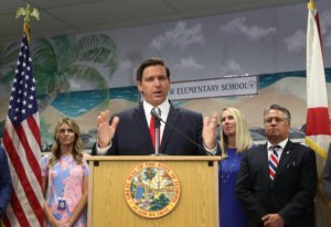 FORT LAUDERDALE, FLORIDA - OCTOBER 07: Florida Gov. Ron DeSantis announces that he wants to raise the minimum starting salary for teachers during a press conference held at Bayview Elementary School on October 07, 2019 in Fort Lauderdale, Florida.  The Governor’s proposed 2020 budget recommendation will include a pay raise for more than 101,000 teachers in Florida by raising the minimum salary to $47,500. 