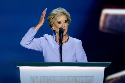 MILWAUKEE, WISCONSIN - JULY 18: Former U.S. Administrator of the Small Business Administration Linda McMahon speaks on stage on the fourth day of the Republican National Convention at the Fiserv Forum on July 18, 2024 in Milwaukee, Wisconsin. Delegates, politicians, and the Republican faithful are in Milwaukee for the annual convention, concluding with former President Donald Trump accepting his party's presidential nomination. The RNC takes place from July 15-18. (Photo by Chip Somodevilla/Getty Images)