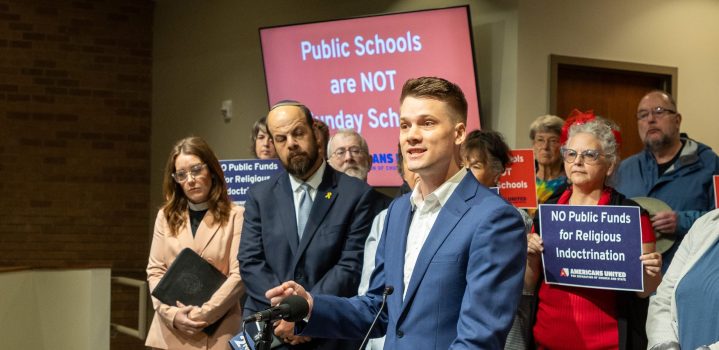 AU Litigation Fellow Luke Anderson discusses Supreme Court case on nation's first religious public school during a rally in Tulsa April 30, 2025