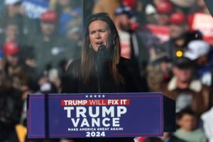 LITITZ, PENNSYLVANIA - NOVEMBER 03: Arkansas Gov. Sarah Huckabee Sanders speaks during a Republican presidential nominee, former U.S. President Donald Trump campaign rally at Lancaster Airport on November 03, 2024 in Lititz, Pennsylvania. Trump begins his day campaigning in battleground state of Pennsylvania, where 19 electoral votes up for grabs, where a recent New York Times and Siena College polls show a tie with Democratic presidential nominee, U.S. Vice President Kamala Harris. Trump will head to North Carolina and Georgia where Harris continues to lead in the polls. 