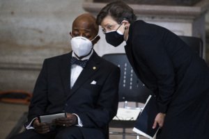 WASHINGTON, DC - APRIL 13: Senate Chaplain Barry Black and House Chaplain Margaret Grun Kibben, attend the service for U.S. Capitol Officer William Evans, as his remains lie in honor in the U.S. Capitol rotunda on April 13, 2021 in Washington, DC. Officer Evans, who was killed in the line of duty during the attack outside the U.S. Capitol on April 2, will lie in honor in the Capitol rotunda today.