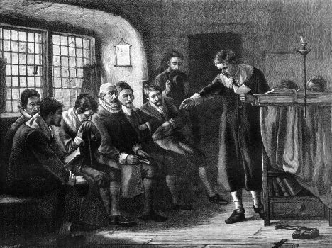 A group of men attending a Puritan prayer meeting in a dark room. From “The Sunday at Home: A Family Magazine for Sabbath Reading, 1888”. Published in London by the Religious Tract Society.