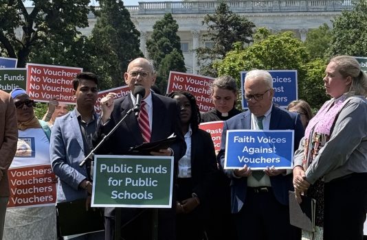At a rally in front of the U.S. Capitol on June 4, 2025, Rabbi Robert Barr, a member of AU's Faith Advisory Council, joins faith leaders in speaking out against the inclusion of a private school vouchers scheme in Trump's 'big beautiful' budget bill.