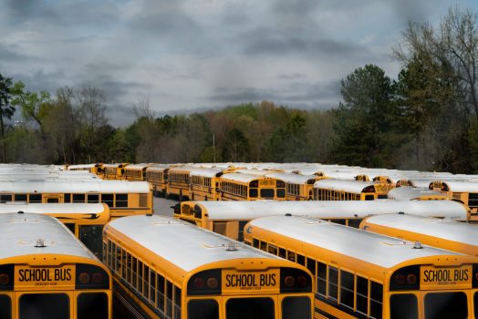 School buses parked during Covid19 lockdown in Georgia, U.S. Photographer: Elijah Nouvelage/Bloomberg