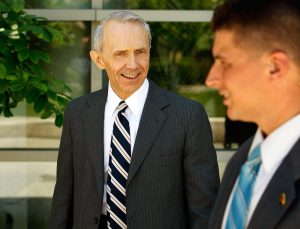 WASHINGTON - MAY 20:  U.S. Supreme Court Associate Justice David Souter (L) says goodbye to a well-wisher after addressing the Sandra Day O'Connor Project on The State of The Judiciary's forum "Striking the Balance: Fair and Independent Courts in a New Era" at Georgetown University Law Center May 20, 2009 in Washington, DC. Appointed to the Supreme Court by President George H.W. Bush in 1990, Souter announced that he will retire at the end of the court's term in June.  