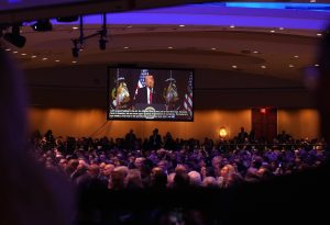 WASHINGTON, DC - FEBRUARY 06: U.S. President Donald Trump speaks at the National Prayer Breakfast sponsored by the The Fellowship Foundation at the Washington Hilton on February 06, 2025 in Washington, DC. The National Prayer Breakfast brings together members of Congress and leaders in fellowship and business for prayer and discussion.