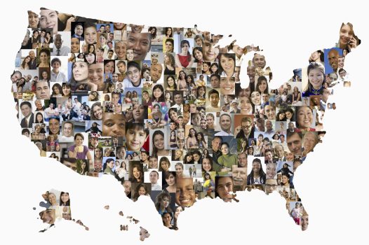 Collage of business people in shape of United States map